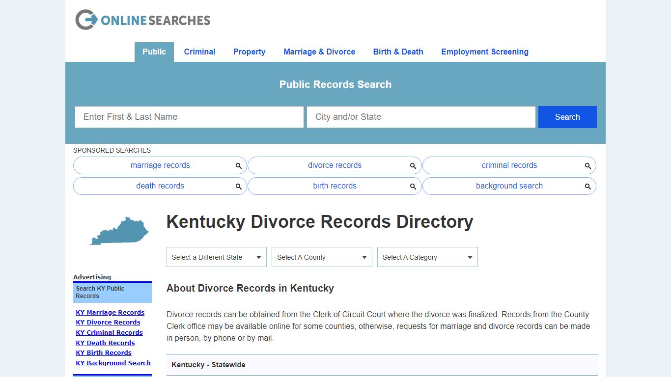 Kentucky Divorce Records Search Directory - OnlineSearches.com